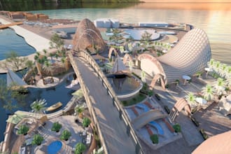 render realistic3d landscape design, resort ,beach ,water park,cabana ,exterior