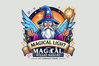 create magical light wizard mascot logo  with text with any file
