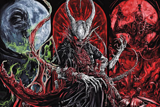draw a detailed illustration of a fullprint t shirt, tarot card or dark art