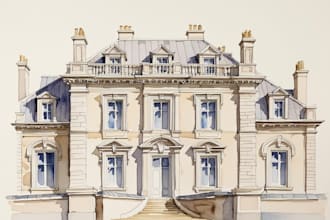 sketch architecture building with watercolor rendering
