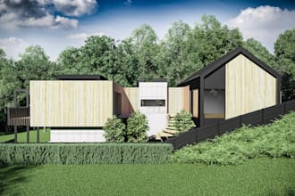 design modern 3d farmhouse, tiny container,landscape,courtyard,outdoor rendering