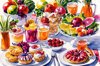 create illustration food and drink in my watercolor style