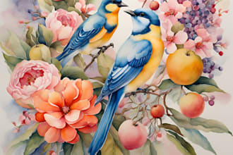 do watercolor flowers, fruits, birds, floral, botanical