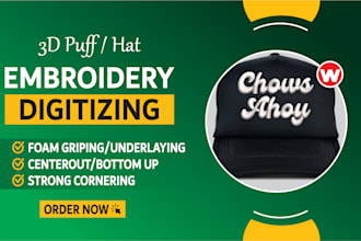 do 3d puff and hat embroidery into dst,pes,cnd in an hour