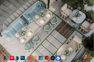 do landscape design, backyard, garden, patio, pool and deck 3d rendering