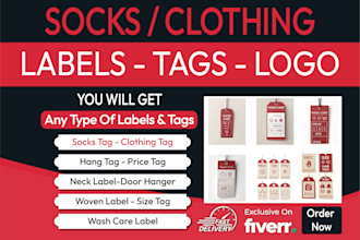 design hang tag, price tag, wash care, size tag, clothing, socks tag woven label