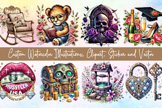 designs custom watercolor illustrations, clipart, sticker and vector
