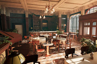 wooden vintage cafe restaurant design,interior rendering,musical assets,3d kiosk