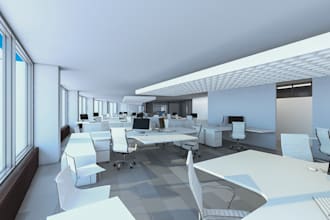 office interior, work space 3d design, realistic render, restaurant,bars,kitchen