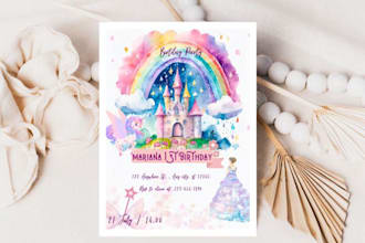 magical unicorn and fairytale castle birthday digital invite