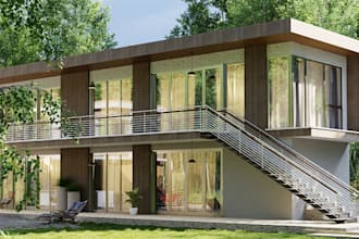 renovate 3d modern cabin, master bedroom suite design, exterior, interior render