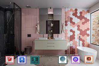 do interior design rendering for bath, kitchen, gym, office, bedroom or 3d model