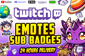 design sub badges and emotes for twitch discord kick youtube tik tok channel