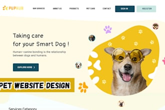 design puppy dog website, pet care, pet store, animal care, dog grooming website