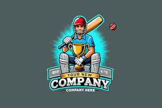 design cricket player with cup sport mascot logo within 1 day