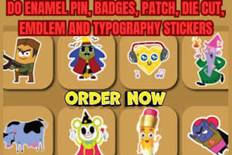 do enamel pin, badge, patch, die cut, emblem and typography stickers