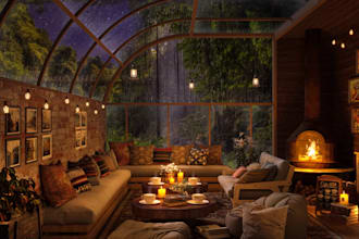 create rainy cozy coffee shop with jazz music
