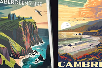 do retro vintage art deco wall art mural landscape art modern  travel poster