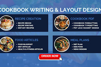 write cookbook, meal plan, recipe book formatting, diet ebook, food blog