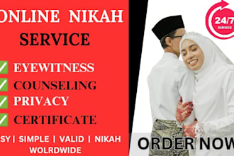be online nikah imam, provide witnesses, wali, and certificate