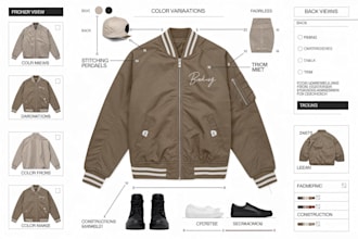 create detailed clothing tech pack and flat sketches for fashion production