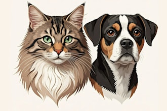 draw cartoon pet portrait, vector portrait, dog, pet, cat, animal, family