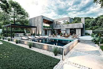 design backyard house front garden pool patio terrace 3d realistic landscape