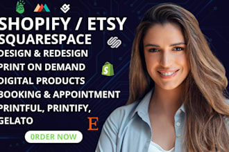 redesign squarespace booking website shopify etsy printful printify gelato seo