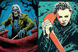create dark horror comic art, vintage posters, and retro illustrations