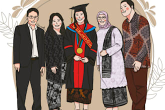 draw your cute family graduation portrait in cartoon style