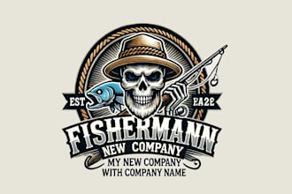 design a bold and unique fisherman skull mascot logo for your brand