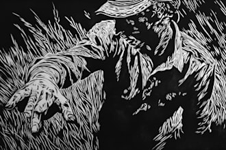 draw detailed dark art with woodcut or linocut style