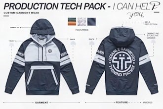 create detailed apparel production tech packs for clothing manufacturers
