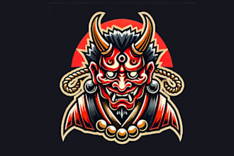 design a striking japanese tengu mask mascot logo for your brand