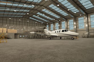 visualize detailed 3d airplane hanger, car studio interior design, 3d warehouse