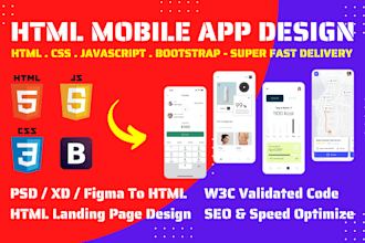 design mobile application using html css javascript, psd xd figma to mobile apps