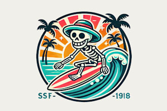 design a unique vintage surfing skeleton logo for your brand