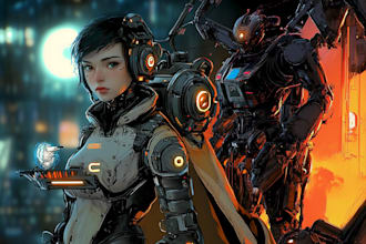 draw sci fi , cyberpunk , mecha, fantasy character design