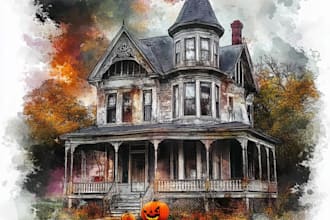 create watercolor halloween house and halloween illustration