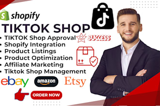 set up tiktok shop, amazon and ebay, shopify, manage stores, and run tiktok ads