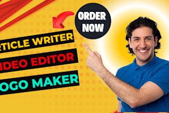 articles writer, blog post, video editor, logo maker
