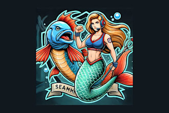 do mermaid and guppy fish cartoon, and charact mascot logo within two day