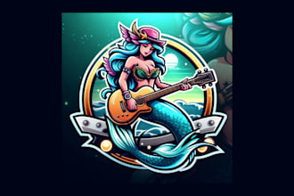 do mermaid playing guitar cartoon, and character mascot logo