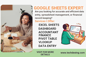 do data entry on excel, google sheets, dash board, quick books