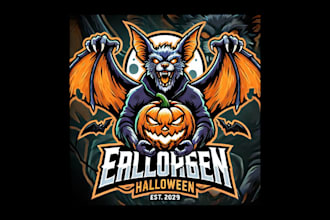 do scary bat with pumpkin halloween cartoon, and character mascot logo