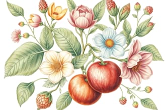 draw botanical illustration of flowers, plants, fruits