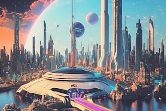draw a sci fi and science fiction futuristic city art