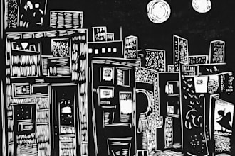 create niche colorful linocut and woodcut book illustrations