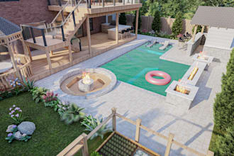design house backyard front garden pool patio terrace 3d realistic landscape