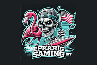 skull with flamingo boat cartoon, and character mascot logo design